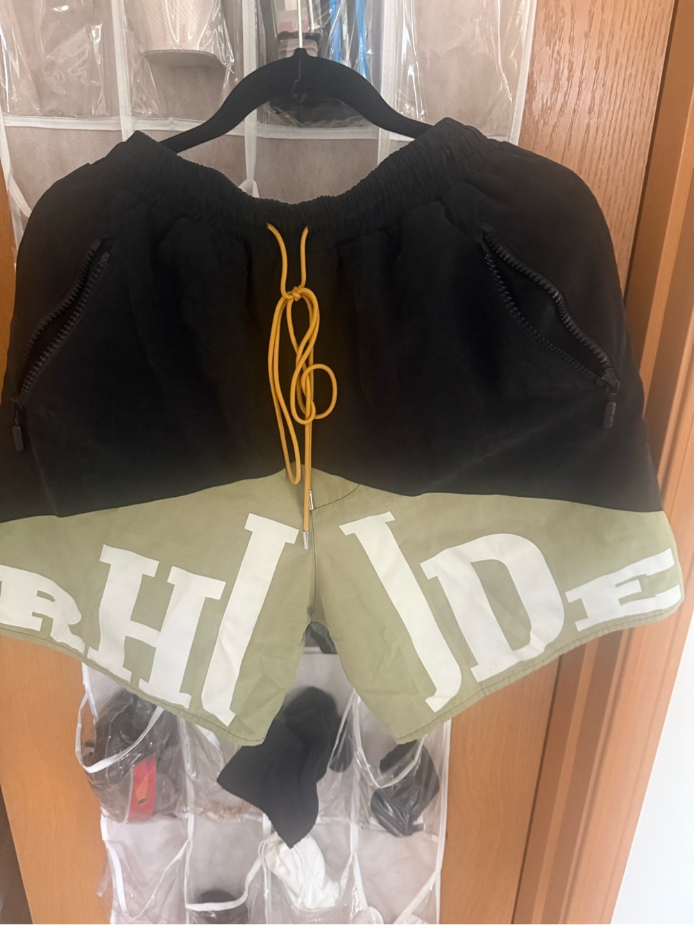 Rhude Black and Olive Green Athletic Shorts with Yellow Drawcord